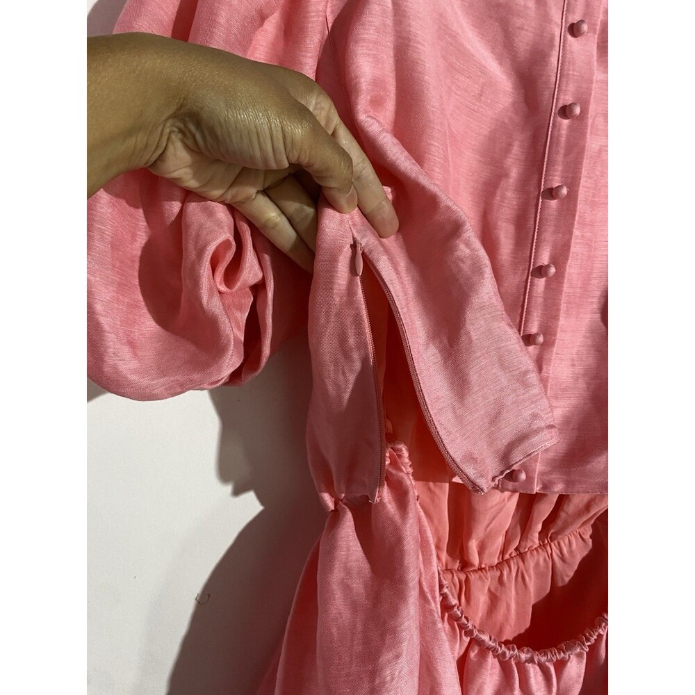 Vineyard Vines Dress 14 Cayman Pink Puff Sleeves Back Cutout Feminine Linen Silk - Picture 12 of 15